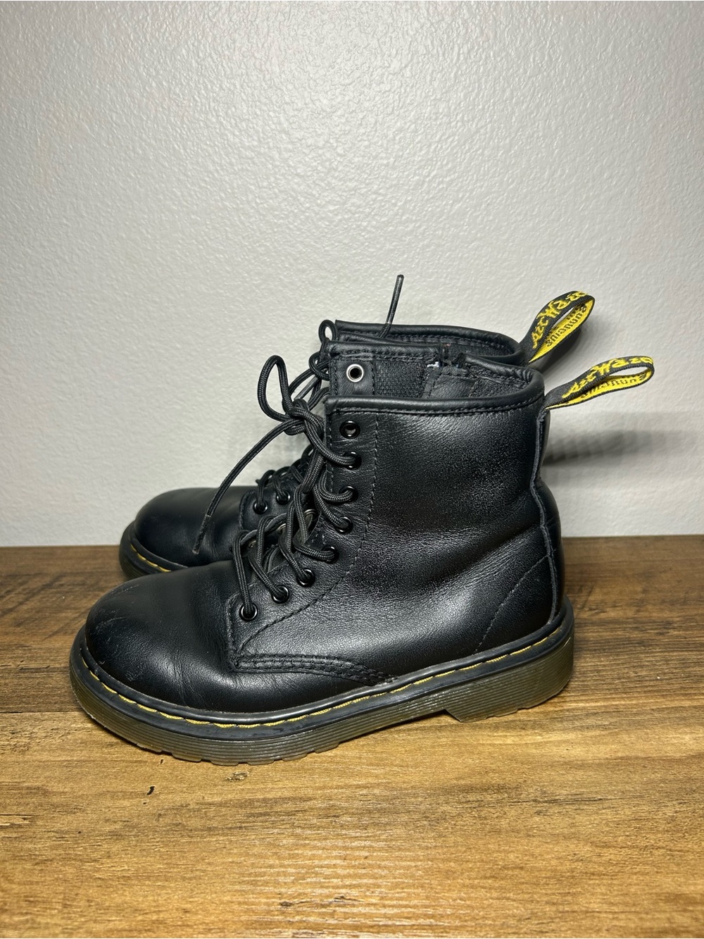 Dr. Martens Kids Black Lace-Up Boots with Yellow Heel Loop